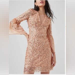 French Connection Cellienne Dusty Pink Sequin sheer flare sleeve Dress‎ Size 4